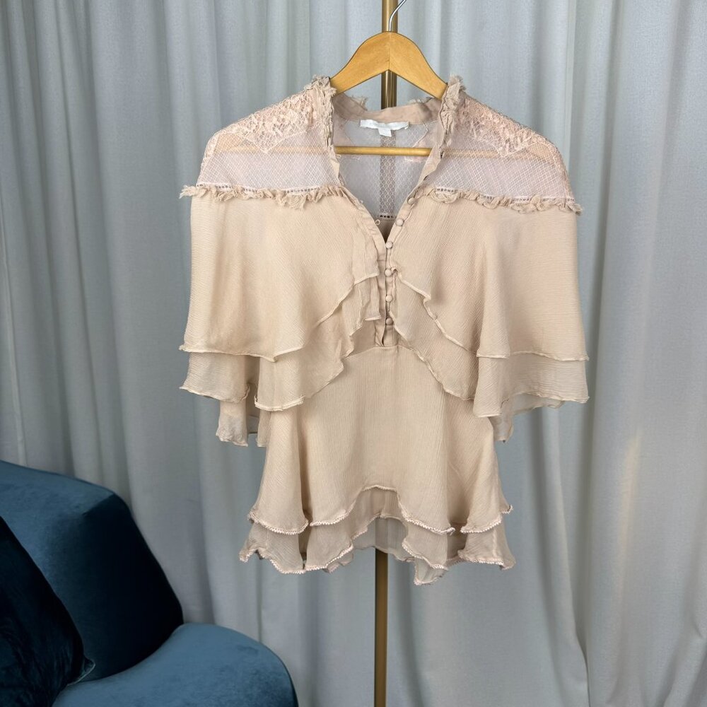 Jonathan Simkhai 100% Silk Ruffle Blouse Lace Yoke Trim Size 0